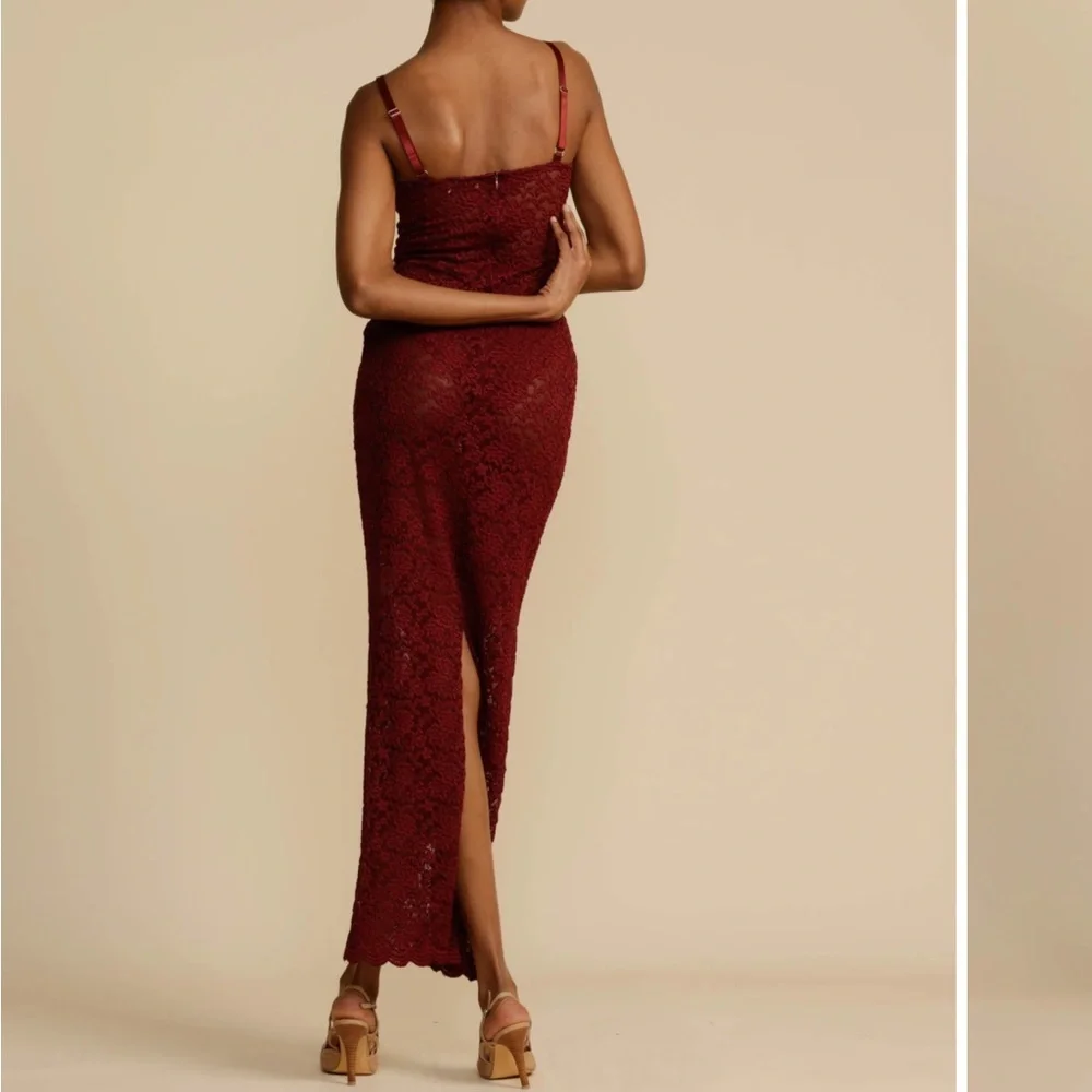 Women’s Burgundy Lace Maxi Dress with Spaghetti Straps
